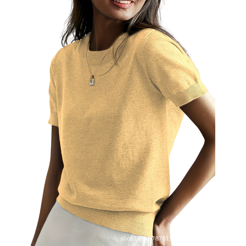 Blusa de mangas curtas com gola redonda e barra canelada — Bene Donna — imagem 03