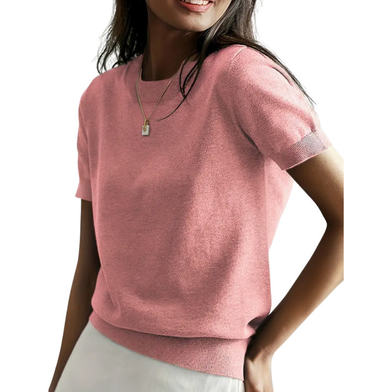 Blusa de mangas curtas com gola redonda e barra canelada — Bene Donna — imagem 09