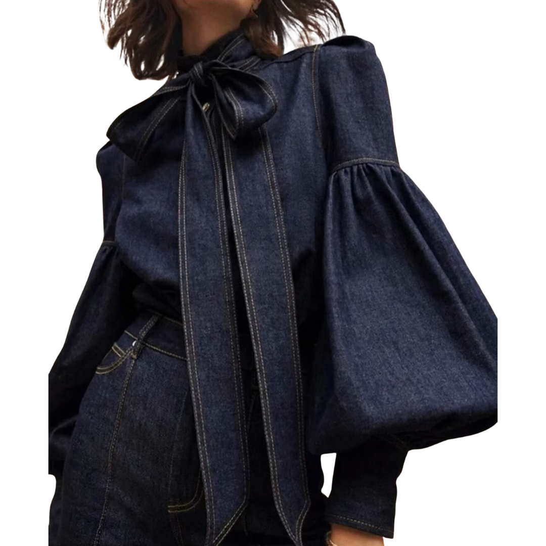 Blusa de mangas longas volumosas com laço na gola — Bene Donna — imagem 01