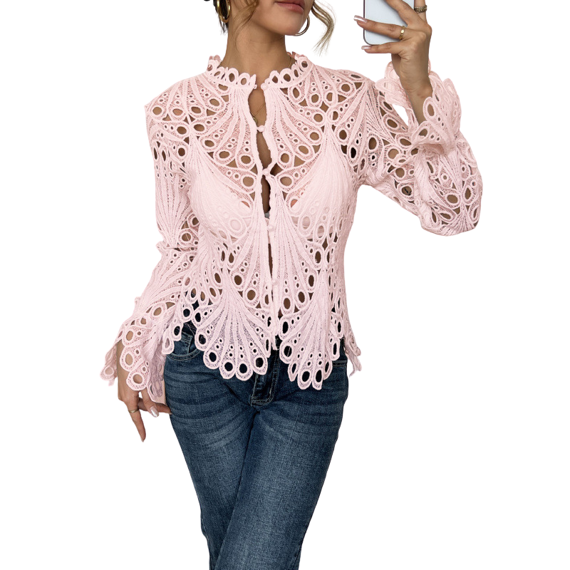 Blusa de renda vazada com desenho floral e mangas longas — Bene Donna — imagem 04