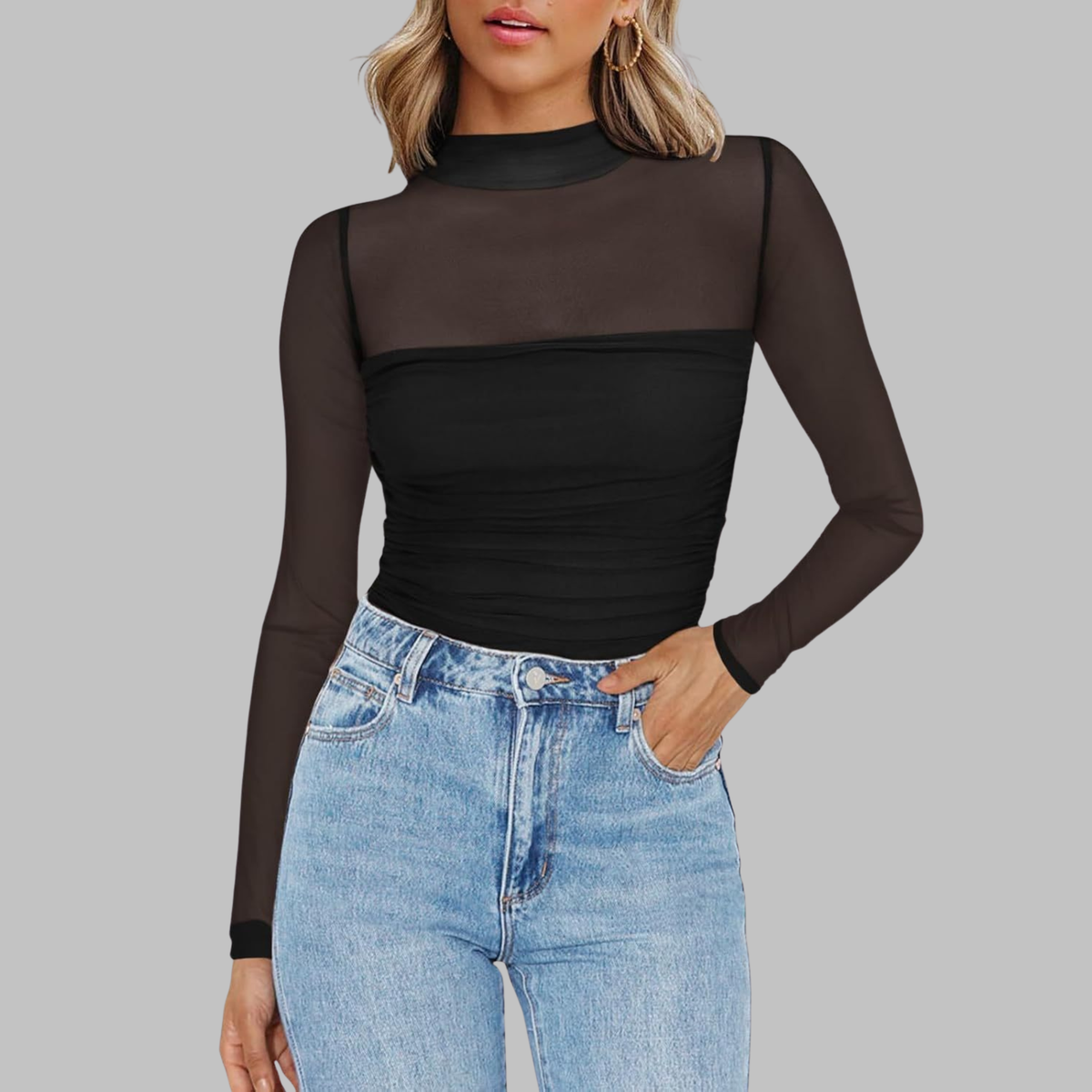 Blusa de tule com transparência e mangas longas — Bene Donna — imagem 01