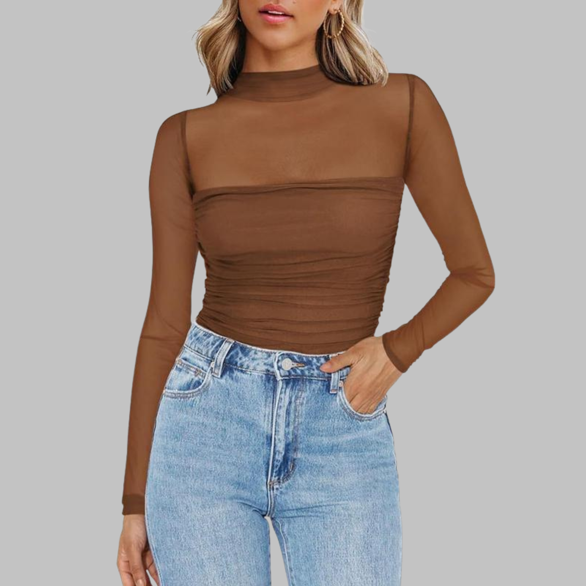 Blusa de tule com transparência e mangas longas — Bene Donna — imagem 02