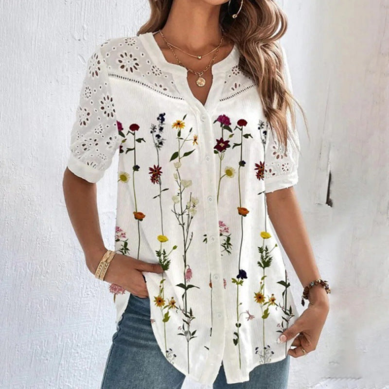 Blusa estampada com renda no decote e nas mangas — Bene Donna — imagem 01