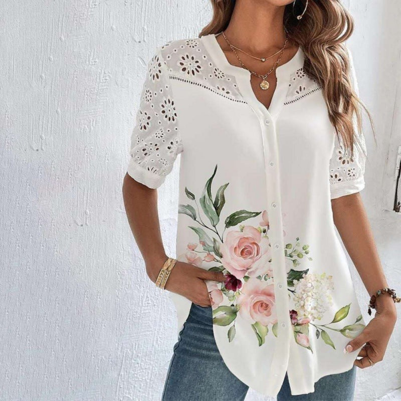 Blusa estampada com renda no decote e nas mangas — Bene Donna — imagem 07