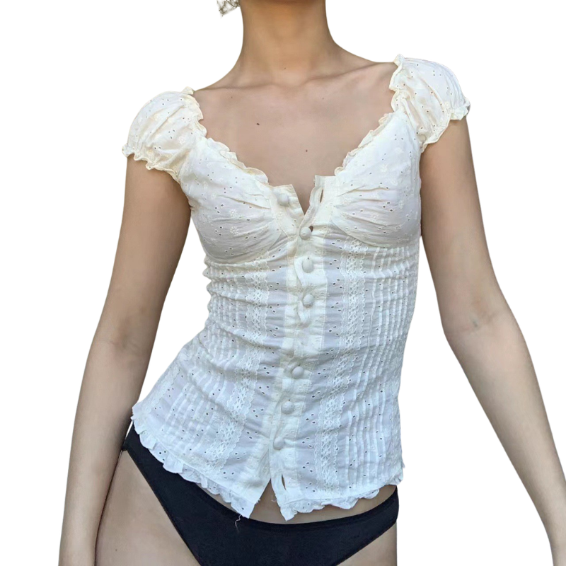 Blusa estilo corset com renda floral e alças de babados — Bene Donna — imagem 01
