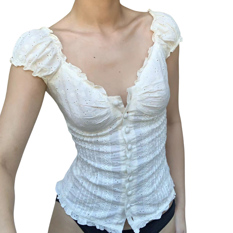 Blusa estilo corset com renda floral e alças de babados — Bene Donna — imagem 02