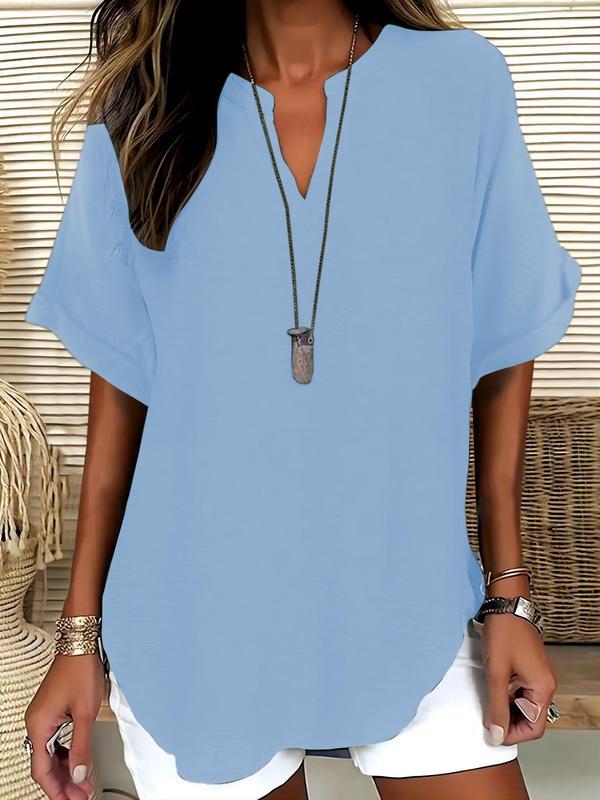 Blusa lisa de mangas curtas com decote V discreto — Bene Donna — imagem 01