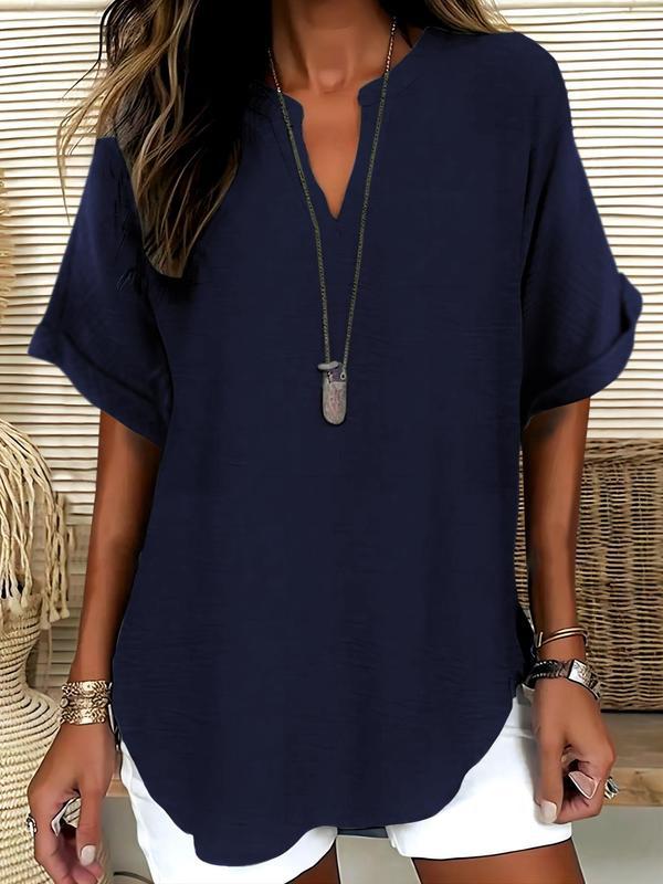 Blusa lisa de mangas curtas com decote V discreto — Bene Donna — imagem 02