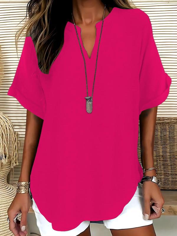 Blusa lisa de mangas curtas com decote V discreto — Bene Donna — imagem 03