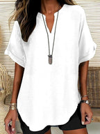 Blusa lisa de mangas curtas com decote V discreto — Bene Donna — imagem 04