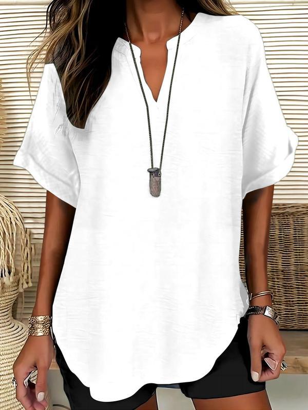 Blusa lisa de mangas curtas com decote V discreto — Bene Donna — imagem 04