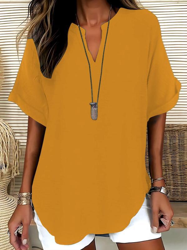 Blusa lisa de mangas curtas com decote V discreto — Bene Donna — imagem 05