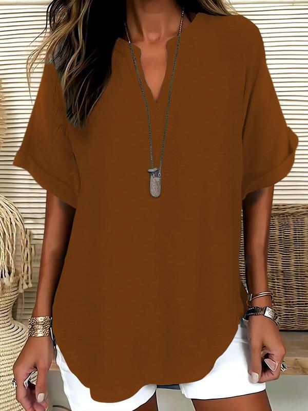 Blusa lisa de mangas curtas com decote V discreto — Bene Donna — imagem 06
