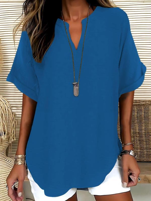 Blusa lisa de mangas curtas com decote V discreto — Bene Donna — imagem 07
