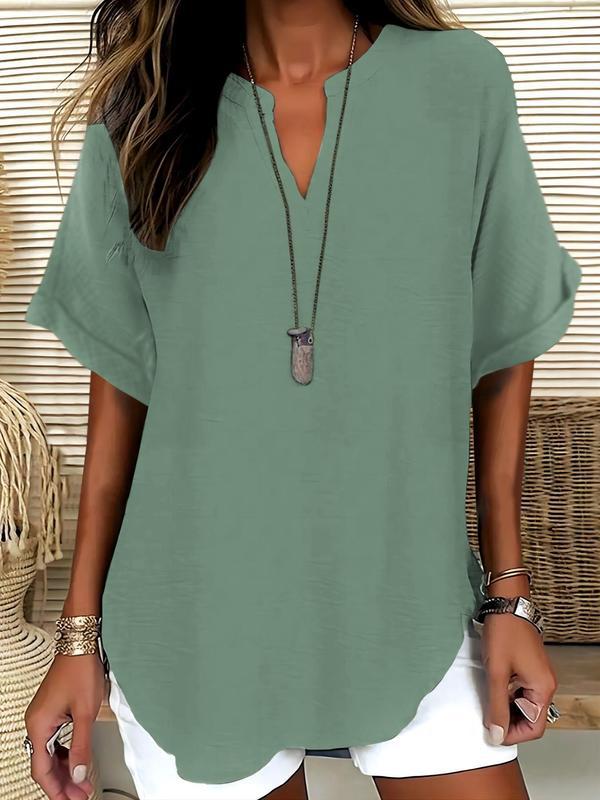 Blusa lisa de mangas curtas com decote V discreto — Bene Donna — imagem 08