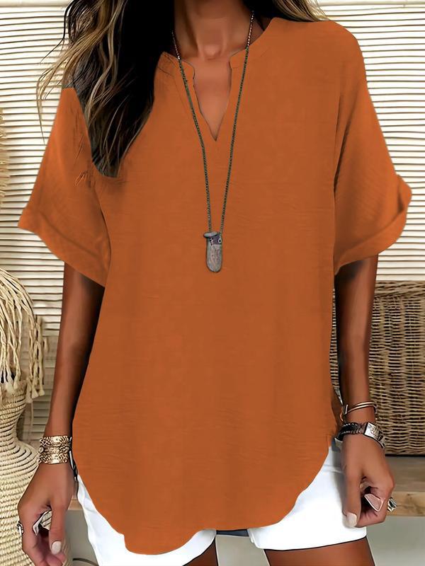 Blusa lisa de mangas curtas com decote V discreto — Bene Donna — imagem 09
