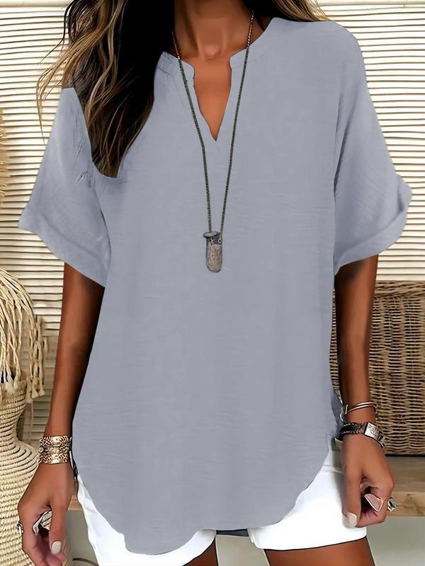 Blusa lisa de mangas curtas com decote V discreto — Bene Donna — imagem 10