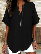 Blusa lisa de mangas curtas com decote V discreto — Bene Donna — imagem 12
