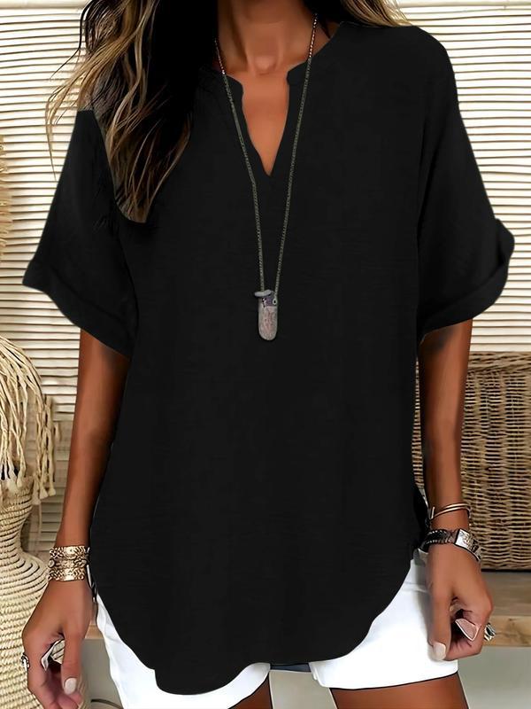 Blusa lisa de mangas curtas com decote V discreto — Bene Donna — imagem 12
