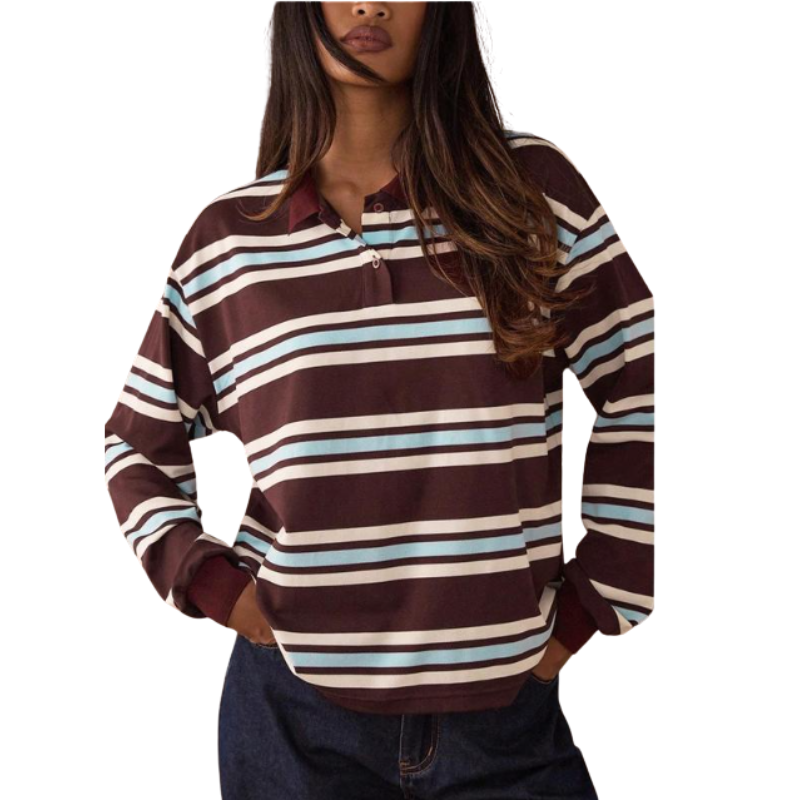 Blusa listrada de mangas longas com gola estruturada — Bene Donna — imagem 01
