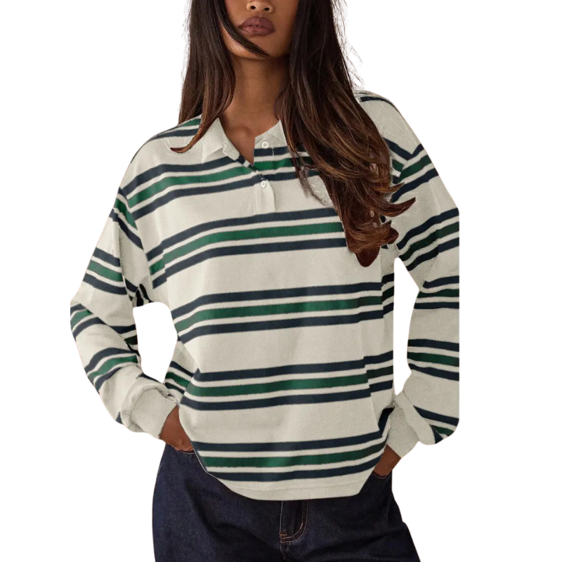 Blusa listrada de mangas longas com gola estruturada — Bene Donna — imagem 02