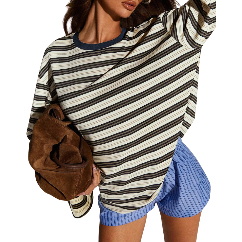 Blusa listrada oversized de mangas longas e gola redonda — Bene Donna — imagem 01