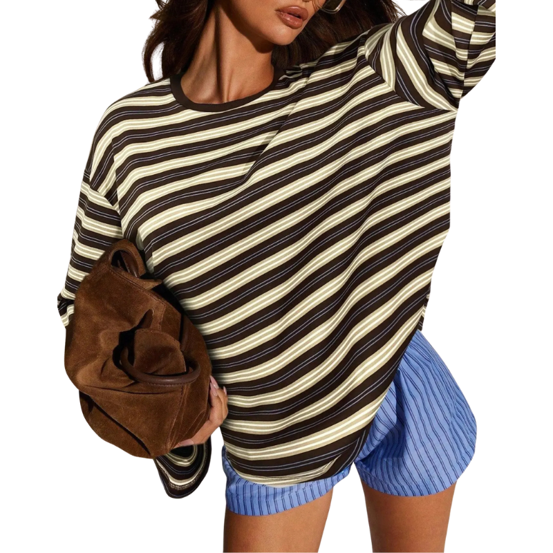 Blusa listrada oversized de mangas longas e gola redonda — Bene Donna — imagem 02