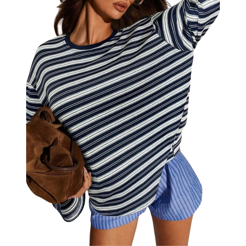 Blusa listrada oversized de mangas longas e gola redonda — Bene Donna — imagem 03