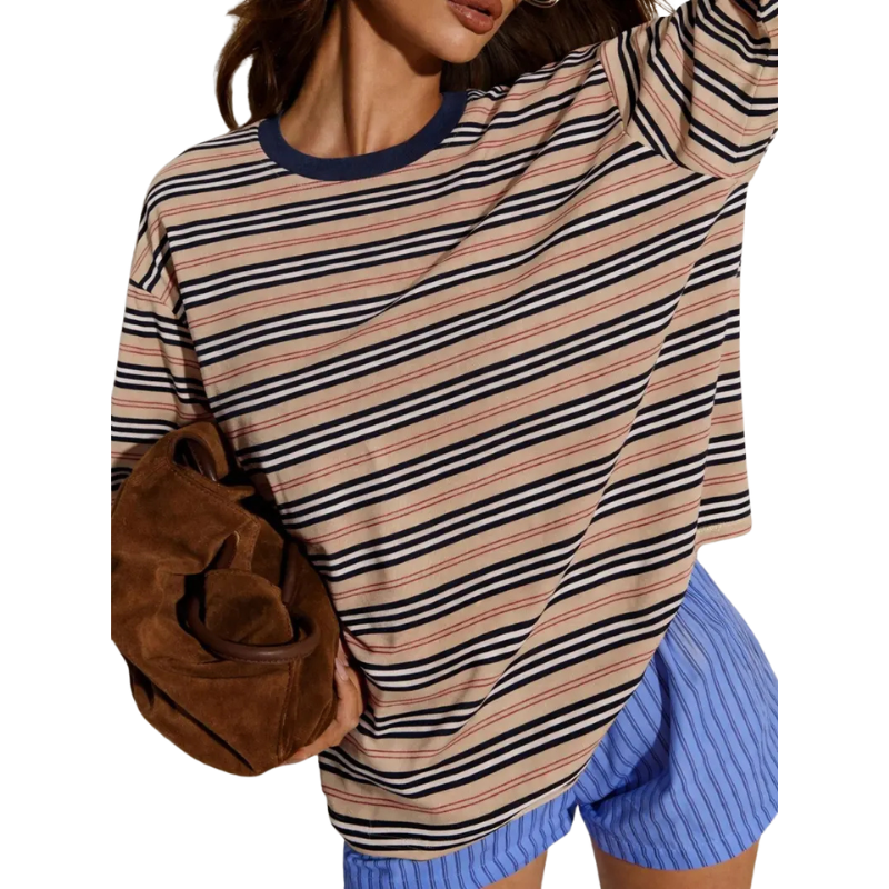 Blusa listrada oversized de mangas longas e gola redonda — Bene Donna — imagem 05