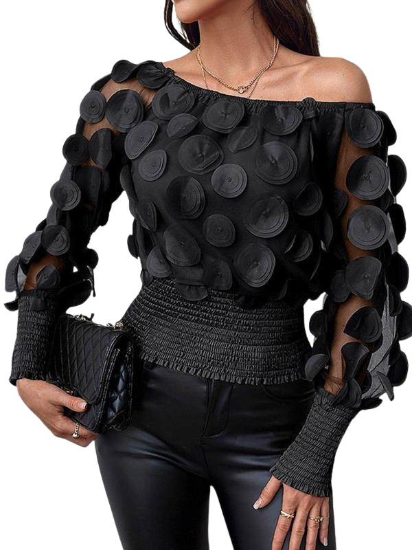 Blusa ombro a ombro com mangas transparentes e apliques circulares — Bene Donna — imagem 01