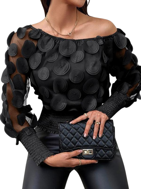 Blusa ombro a ombro com mangas transparentes e apliques circulares — Bene Donna — imagem 02