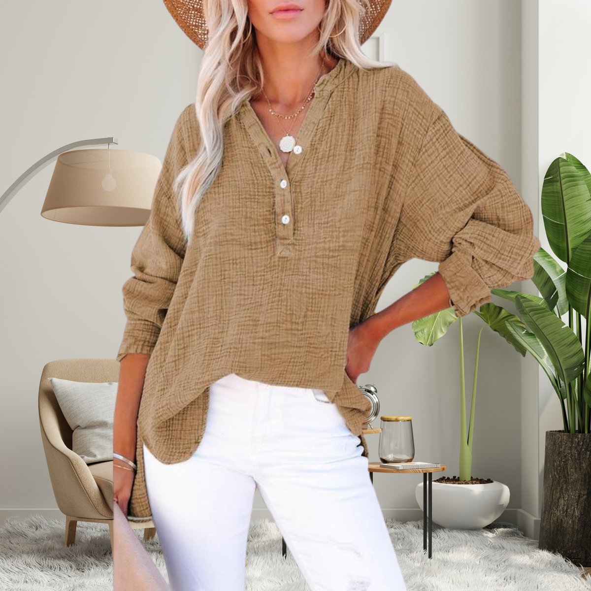 Blusa oversized de mangas longas com botões no decote V — Bene Donna — imagem 05