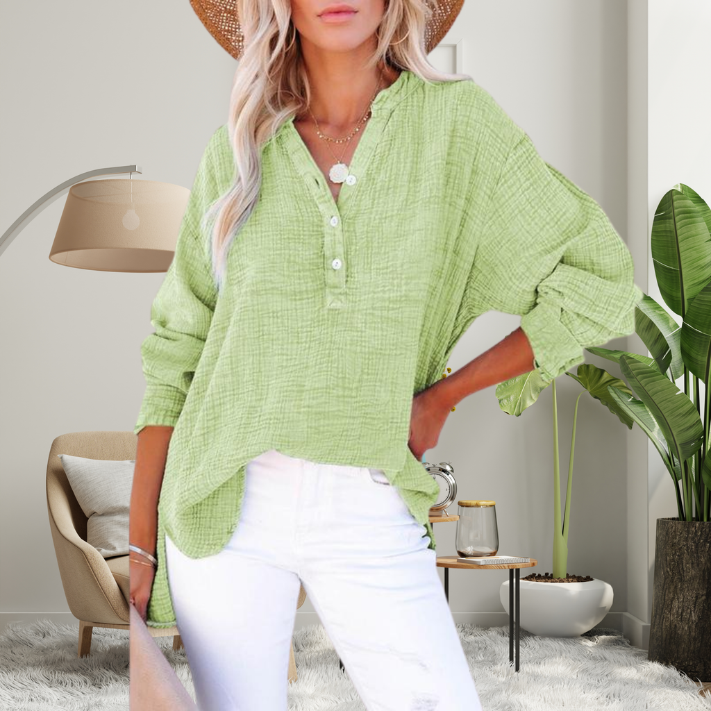 Blusa oversized de mangas longas com botões no decote V — Bene Donna — imagem 08