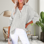 Blusa oversized de mangas longas com botões no decote V — Bene Donna — imagem 09