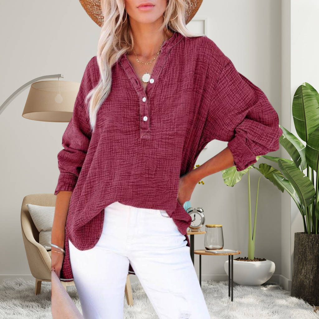 Blusa oversized de mangas longas com botões no decote V — Bene Donna — imagem 11