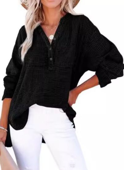 Blusa texturizada de decote V com botões e mangas longas — Bene Donna — imagem 08