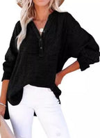 Blusa texturizada de decote V com botões e mangas longas — Bene Donna — imagem 08