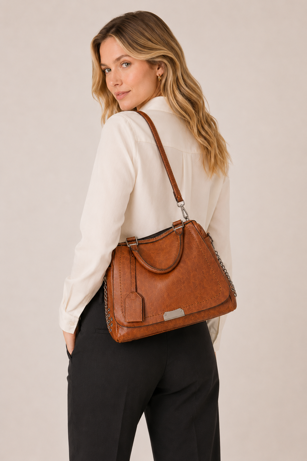 Bolsa de couro legítimo com alças duplas e zíper — Bene Donna — imagem 03