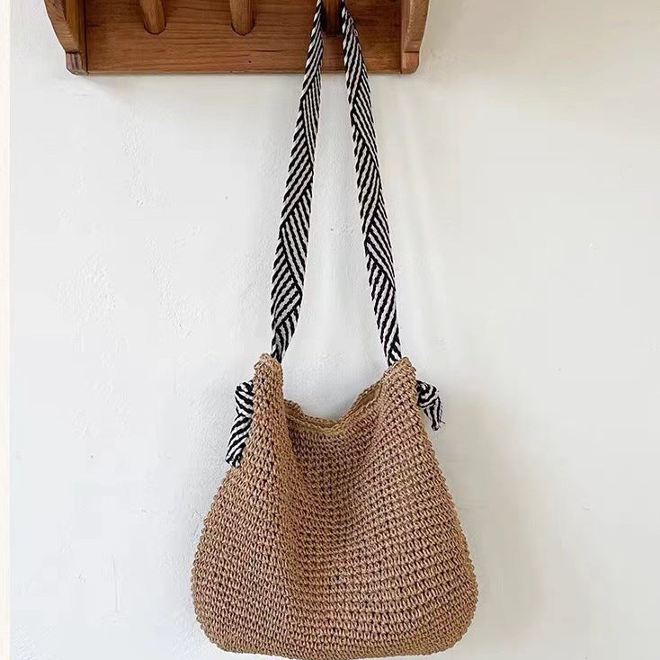Bolsa de palha com alças de tecido listrado — Bene Donna — imagem 05