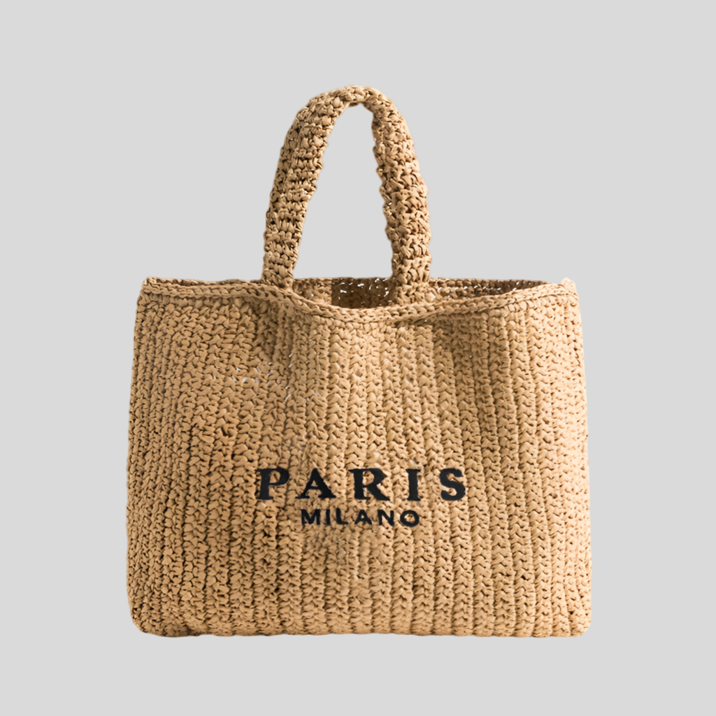 Bolsa de palha com alças trançadas e inscrição frontal — Bene Donna — imagem 01