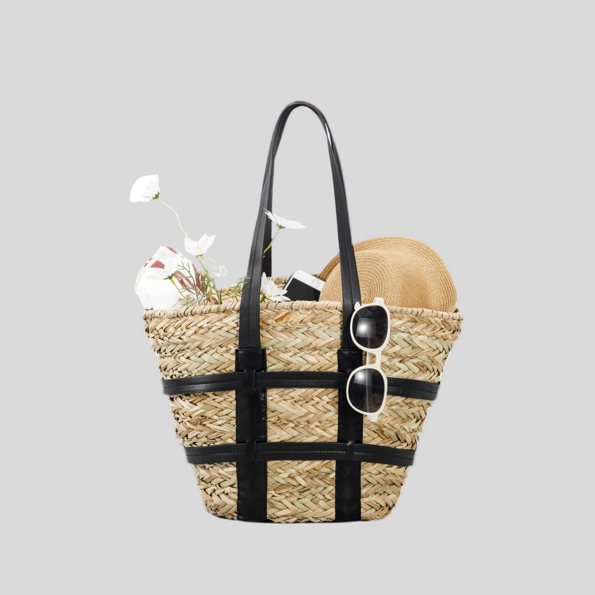 Bolsa de palha trançada com alças contrastantes — Bene Donna — imagem 01