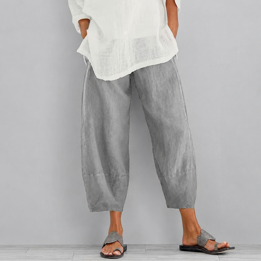 Calça de cintura elástica com modelagem ampla e comprimento curto — Bene Donna — imagem 03