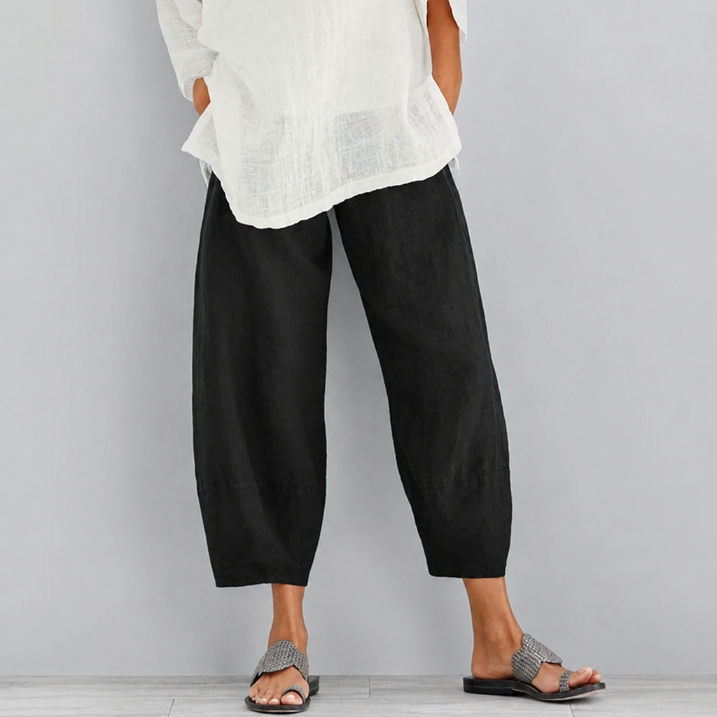 Calça de cintura elástica com modelagem ampla e comprimento curto — Bene Donna — imagem 04