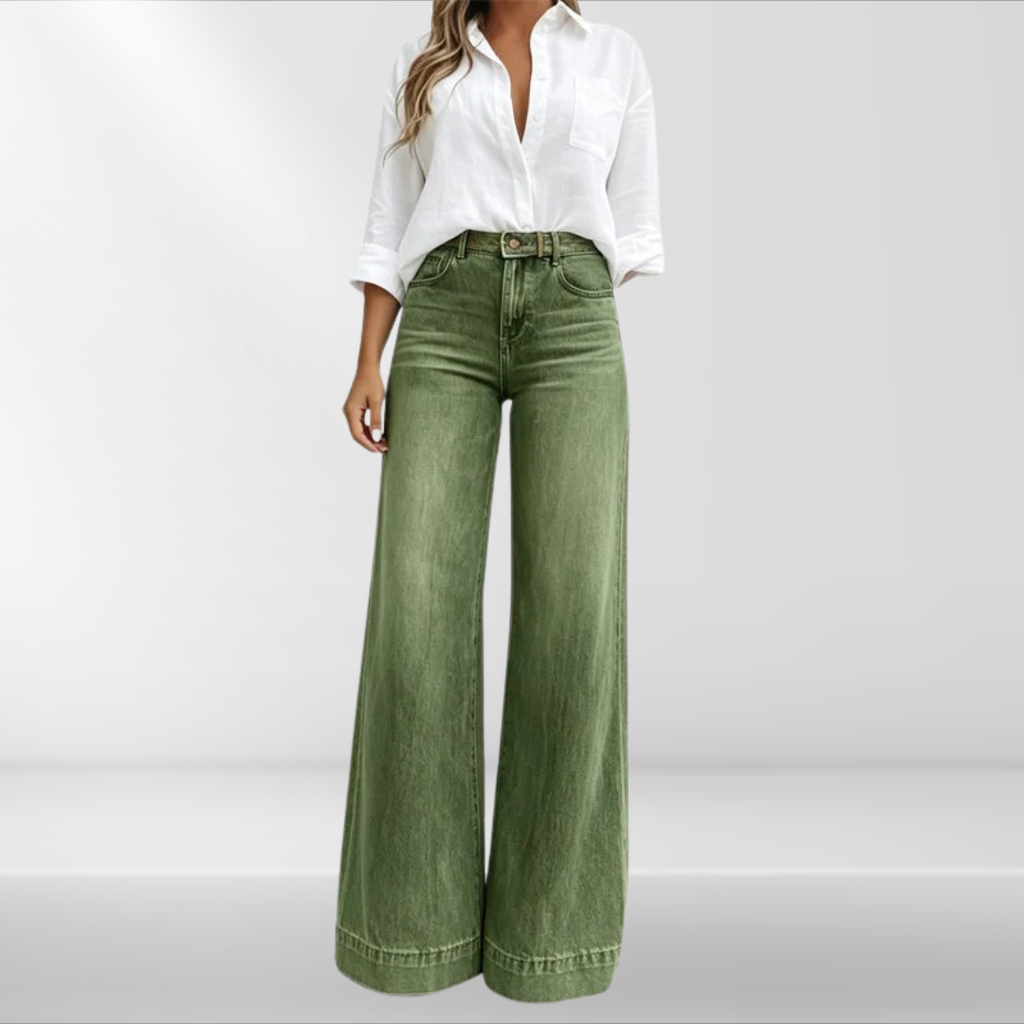Calça jeans de cintura alta e pernas amplas com lavagem vintage — Bene Donna — imagem 01