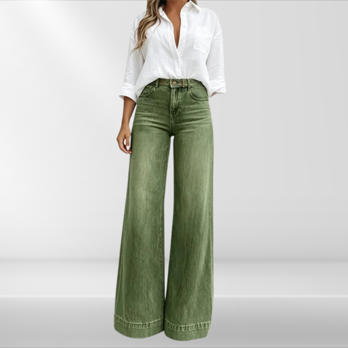 Calça jeans de cintura alta e pernas amplas com lavagem vintage — Bene Donna — imagem 01