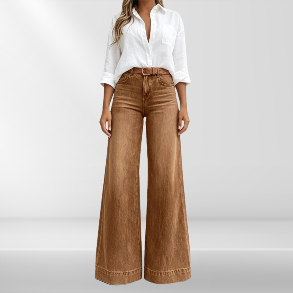 Calça jeans de cintura alta e pernas amplas com lavagem vintage — Bene Donna — imagem 02