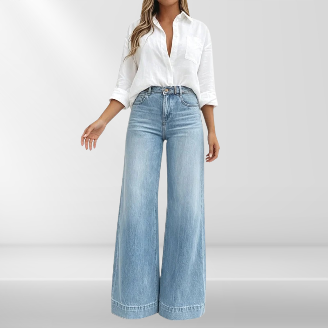 Calça jeans de cintura alta e pernas amplas com lavagem vintage — Bene Donna — imagem 03