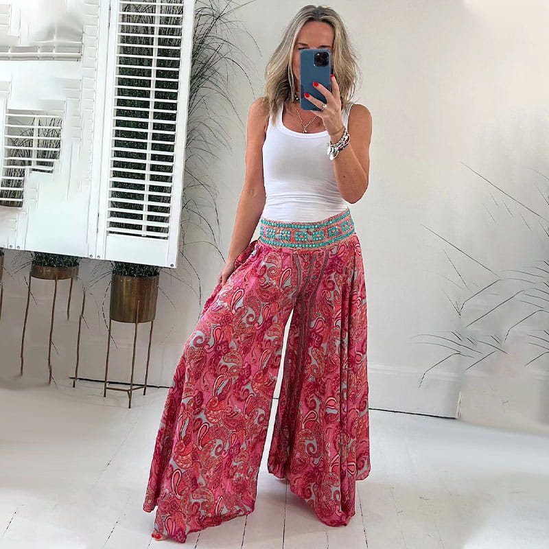Calça pantalona estampada boho com elástico — Bene Donna — imagem 01