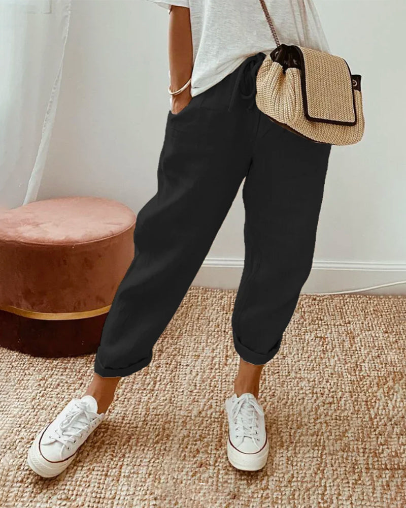 Calça reta de cintura com cordão e bolsos laterais — Bene Donna — imagem 02