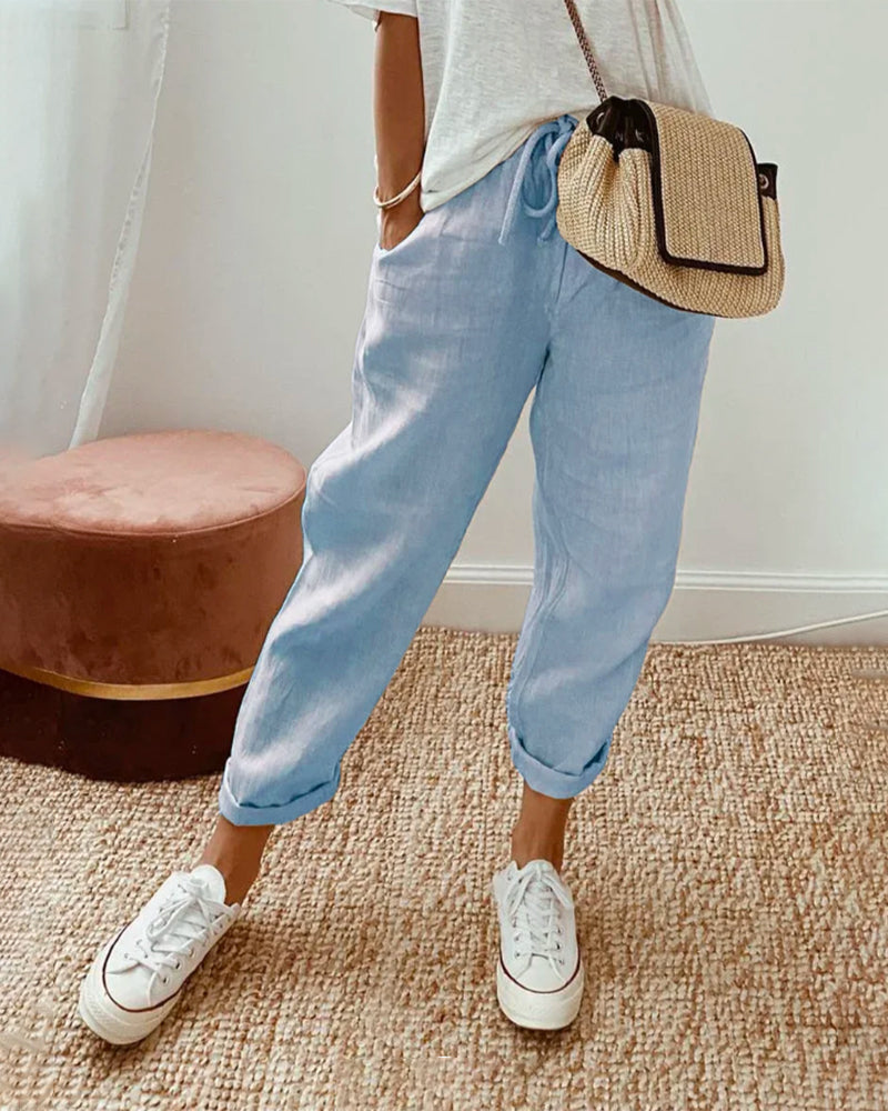 Calça reta de cintura com cordão e bolsos laterais — Bene Donna — imagem 03
